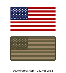 Conjunto de bandeira americana em versões regulares e militares. Ilustração vetorial.