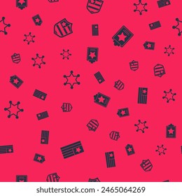 Set American flag, Shield with stars, Hexagram sheriff and USA Independence day on seamless pattern. Vector