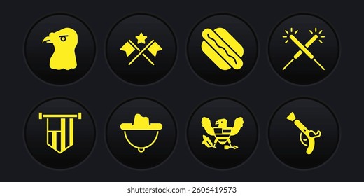 Set American flag, Sparkler firework, Western cowboy hat, Eagle, Hotdog sandwich, Vintage pistols and head icon. Vector