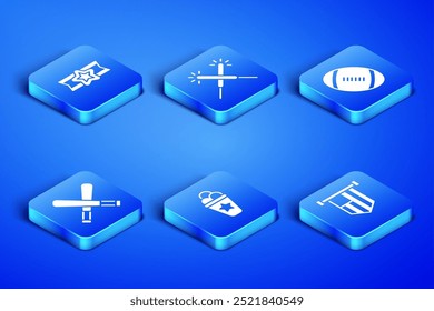 Set American flag, Star military, Ice cream in waffle cone, Crossed baseball bat, Sparkler firework and Football icon. Vector