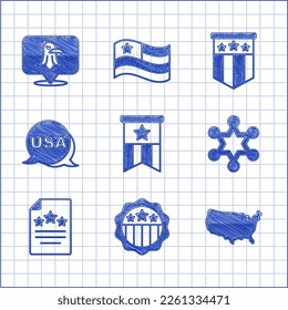 Set American flag, USA Independence day, map, Hexagram sheriff, Declaration of independence,  and Eagle icon. Vector