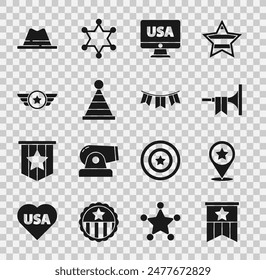 Set American flag, USA Independence day, Trumpet, on monitor, Party hat, Star military, Man with ribbon and Carnival garland flags icon. Vector