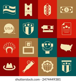 Set American flag, USA map, Declaration of independence, Hotdog sandwich, Shield with stars, Independence day,  and Cannon icon. Vector