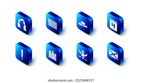 Definir bandeira americana, chapéu de cowboy ocidental, calendário com data de 4 de julho, bandeira confederada, águia, paisagem da cidade, bastão de beisebol e ícone do Grand canyon. Vetor