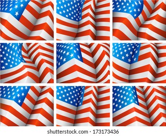 Set of American flags. All flags are grouped and layered.