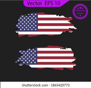 Set American flags. Brush painted flags of USA. Hand drawn style illustration with a grunge effect.   American flags with grunge texture. Grunge american ink splattered flag vector.
