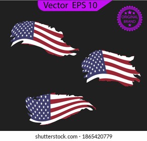 Set American flags. Brush painted flags of USA. Hand drawn style illustration with a grunge effect.   American flags with grunge texture. Grunge american ink splattered flag vector.

