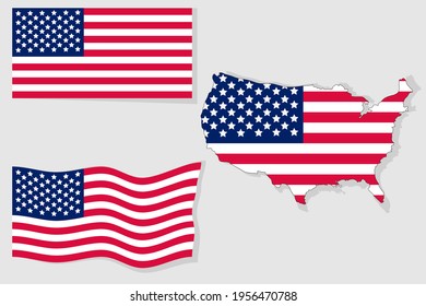 A set of American flags.US flags in different angles.Realistic vector illustration.