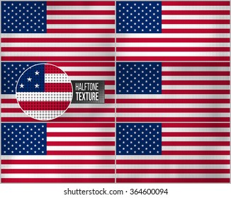 Set of american flags in dirty retro style with abstract halftone effect.