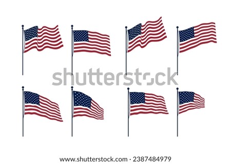 Set of American flags on the flagpole. US flags on flagstaff. Vector illustration