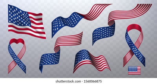 Set of American flags and  ribbons on a transparent background. Vector stock photorealistic attributes and symbols of of USA in blue, red, white colors  for holiday design.