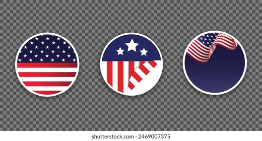 Set of American flags as sticker or badge design for promotions and political campaigns. Vector illustration.
