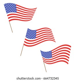 Set of American flags. US flags are flapping in the wind. Vector illustration.