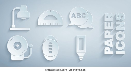 Set American Football ball, Alphabet, Ringing alarm bell, Marker pen, Protractor and Table lamp icon. Vector