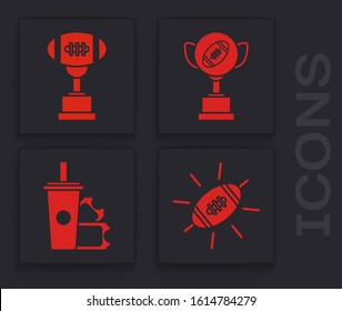 Set American Football ball, Award cup and American football ball, Award cup and American football ball and American Football ticket and paper glass soda with drinking straw icon. Vector