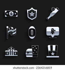 Set American Football ball, Burger, Patriotic top hat, Eagle, White House, flag, Baseball bat with and Stacks paper money cash icon. Vector
