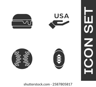 Set American Football ball, Burger, Baseball and USA Independence day icon. Vector