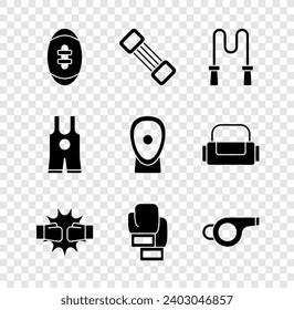 Set American Football ball, Chest expander, Jump rope, Punch in boxing gloves, Boxing, Whistle, Wrestling singlet and training paws icon. Vector