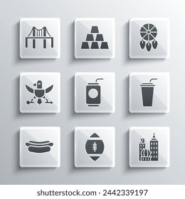 Set American Football ball, City landscape, Paper glass with straw, Soda, Hotdog sandwich, Eagle, Golden gate bridge and Dream catcher feathers icon. Vector
