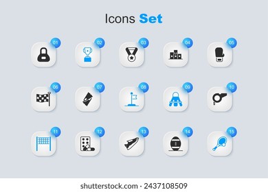 Set American Football ball, Flippers for swimming, Award cup, Volleyball net, Tennis racket with, Whistle, Weight and Flag icon. Vector