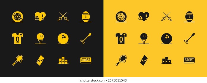 Set American Football ball, Flippers for swimming, Bowling, Award over sports winner podium, Golf on tee, Fencing, Car wheel and Heart rate icon. Vector