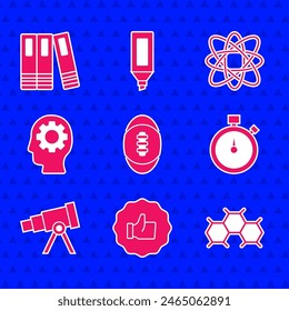 Set American Football ball, Hand thumb up, Chemical formula, Stopwatch, Telescope, Head with gear inside, Atom and Office folders icon. Vector