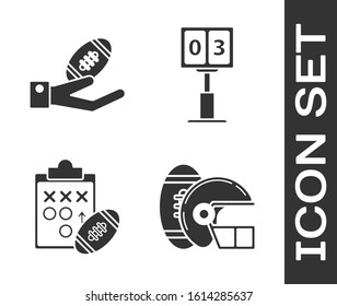 Set American Football ball and helmet, American Football ball on hand, Planning strategy concept and Sport football mechanical scoreboard and result display icon. Vector