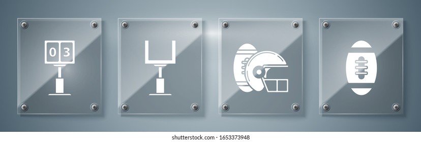 Set American Football ball, American Football ball and helmet, American football goal post and Sport football mechanical scoreboard and result display. Square glass panels. Vector