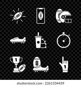 Set American Football ball, and helmet, Award cup, Soccer or shoes spikes, Number 1 fan hand glove finger raised,  and ticket paper glass soda drinking straw icon. Vector