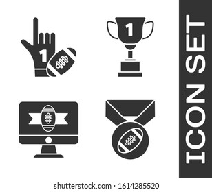 Set American Football ball with medal, Number 1 one fan hand glove with finger raised and american football ball, American football on tv program and Award cup icon. Vector