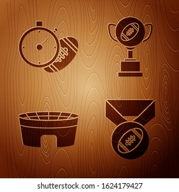 Set American Football ball with medal, American Football ball and stopwatch, Football stadium and Award cup and American football ball on wooden background. Vector
