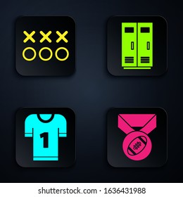 Set American Football ball with medal, Planning strategy concept, American football jersey and Locker or changing room for football, basketball team or workers. Black square button. Vector