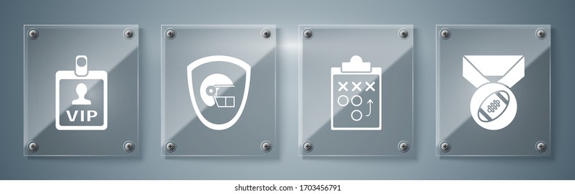 Set American Football ball with medal, Planning strategy concept, American football helmet and shield and VIP badge. Square glass panels. Vector