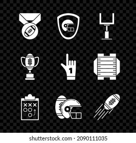 Set American Football ball with medal, football helmet and shield, goal post, Planning strategy concept, Award cup and Number 1 one fan hand glove finger raised icon. Vector