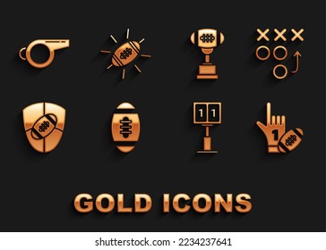 Set American Football ball, Number 1 one fan hand glove with finger raised and american football, Sport mechanical scoreboard result display, shield, Award cup, Whistle and  icon. Vector