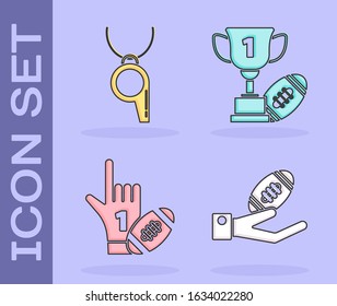 Set American Football ball on hand, Whistle, Number 1 one fan hand glove with finger raised and american football ball and Award cup and American football ball icon. Vector
