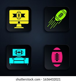 Set American Football ball, American football on tv program, American football on tv program and stand and American Football ball. Black square button. Vector