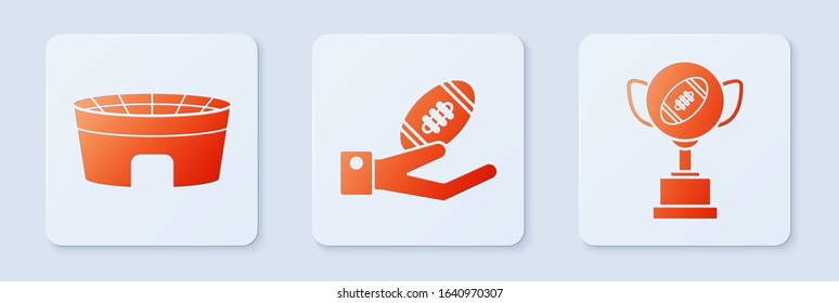 Set American Football ball on hand, Football stadium and Award cup and American football ball. White square button. Vector