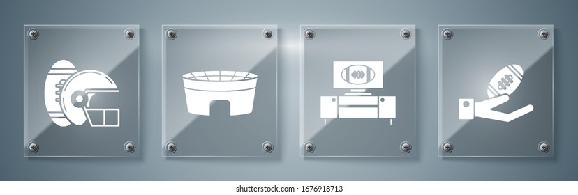 Set American Football ball on hand, American football on tv program and stand, Football stadium and American Football ball and helmet. Square glass panels. Vector