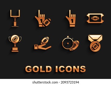 Set American Football ball on hand, ticket, with medal, stopwatch, Award cup football, Number 1 one fan glove finger raised, goal post and american icon. Vector