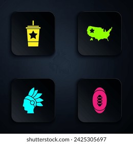 Set American Football ball, Paper glass with straw, Native Indian and USA map. Black square button. Vector