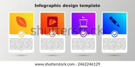 Set American football ball, Paper airplane, Stage stand and Pencil with eraser. Business infographic template. Vector