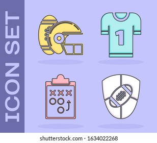 Set American Football ball and shield, American Football ball and helmet, Planning strategy concept and American football jersey icon. Vector