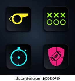 Set American Football ball and shield, Whistle, Stopwatch and Planning strategy concept. Black square button. Vector
