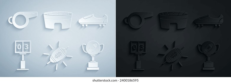 Set American Football ball, Soccer or football shoes with spikes, Sport mechanical scoreboard and result display, Award cup, stadium and Whistle icon. Vector