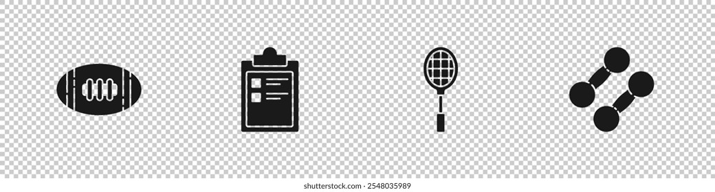 Set American Football ball, Sport training program, Tennis racket and Dumbbell icon. Vector