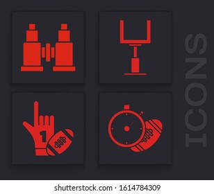 Set American Football Ball And Stopwatch, Binoculars, American Football Goal Post And Number 1 One Fan Hand Glove With Finger Raised And American Football Ball Icon. Vector