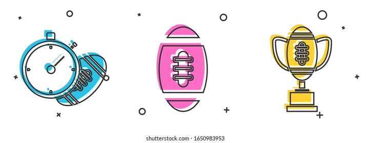 Set American Football ball and stopwatch, American Football ball and Award cup and American football ball icon. Vector
