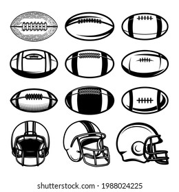 Set of american football balls and helmets. Design element for poster, card, logo, label, sign. Vector illustration