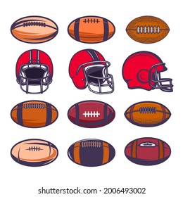 Set of american football balls and helmets. Design element for poster, card, logo, label, sign. Vector illustration